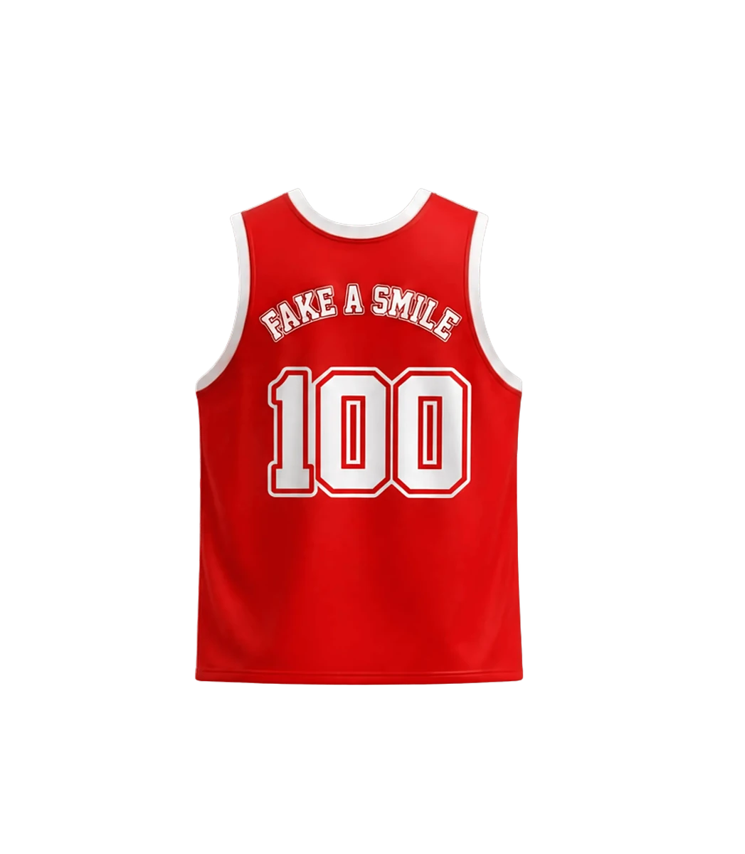 Crimson Court Jersey — back view, FakeSmile streetwear
