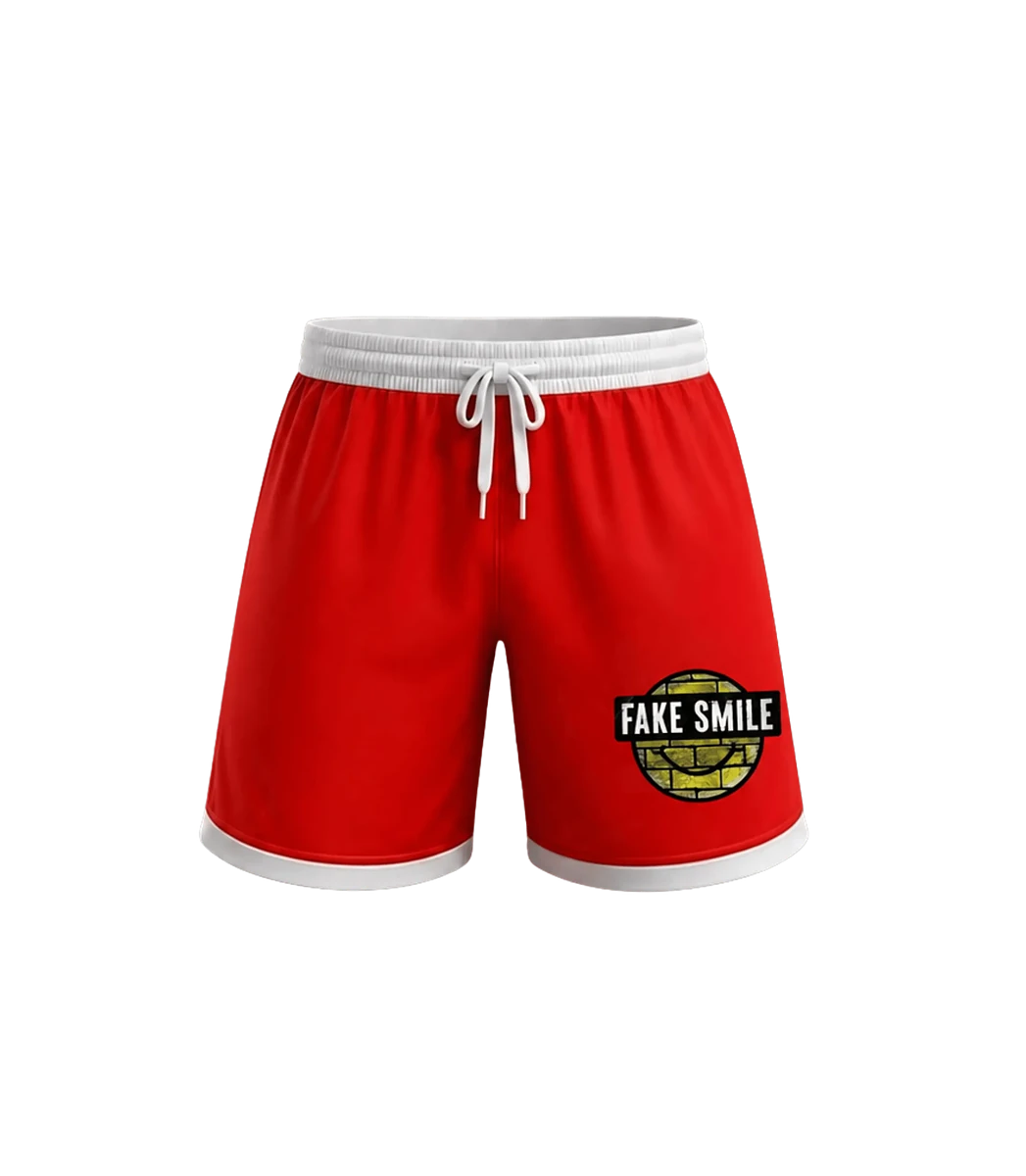 Crimson Court Shorts — front view, FakeSmile streetwear