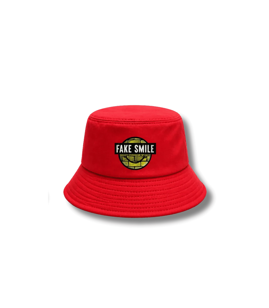 Crimson Bucket Hat — front view, FakeSmile streetwear