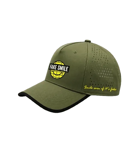 Olive Globe Cap — front view, FakeSmile streetwear