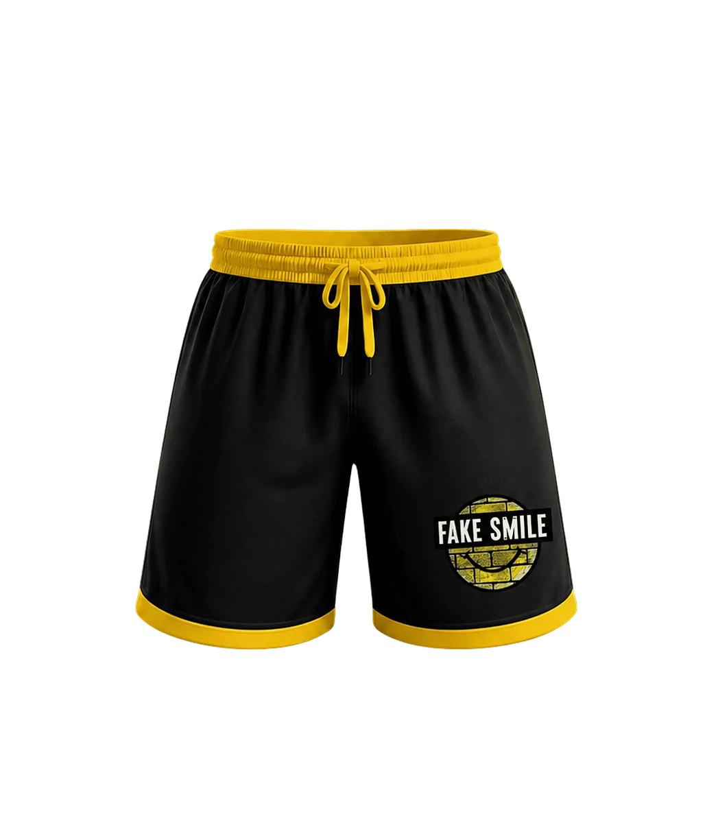 Onyx Gold Shorts — front view, FakeSmile streetwear