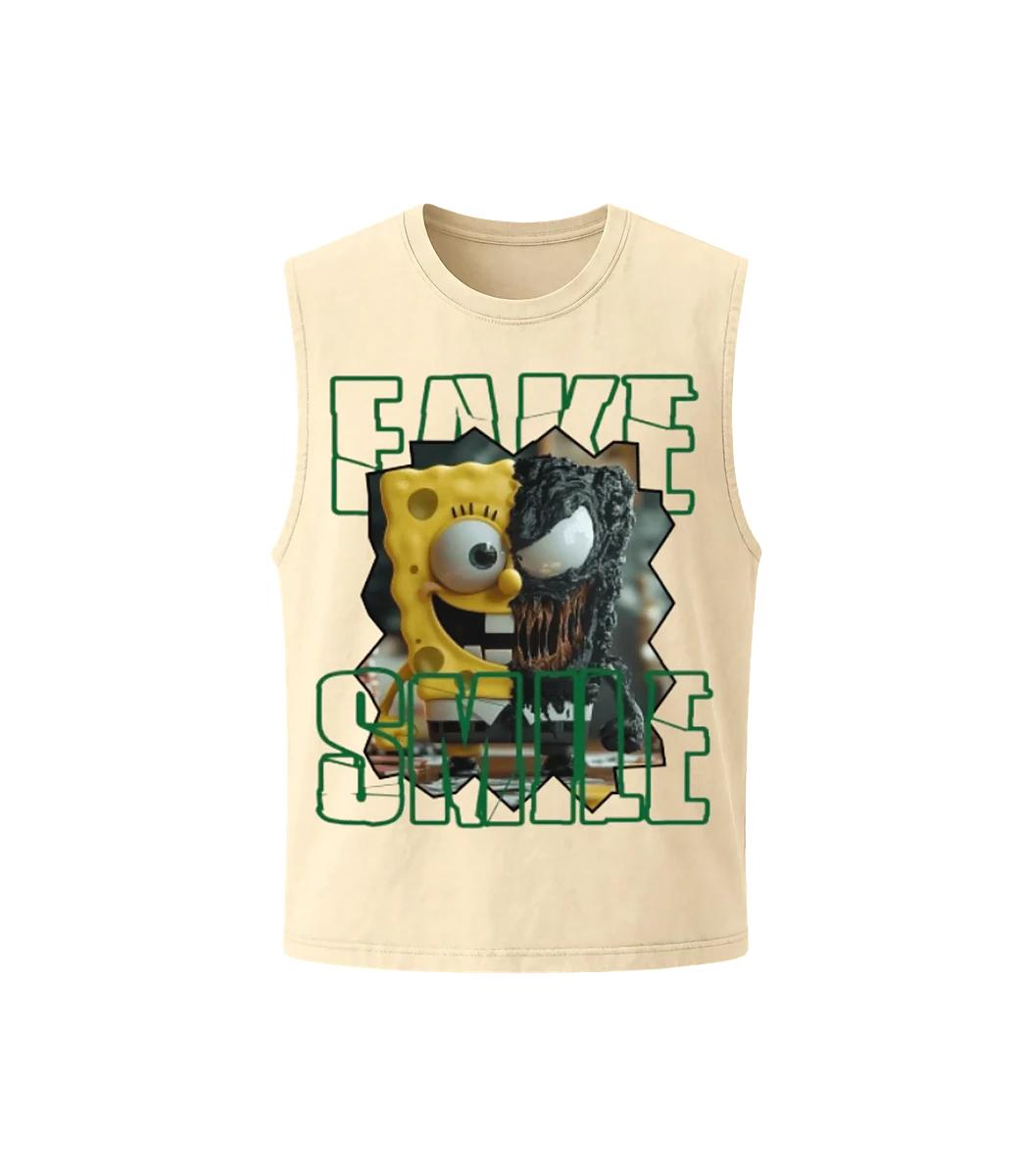 Cream Faces Tank — front view, FakeSmile streetwear