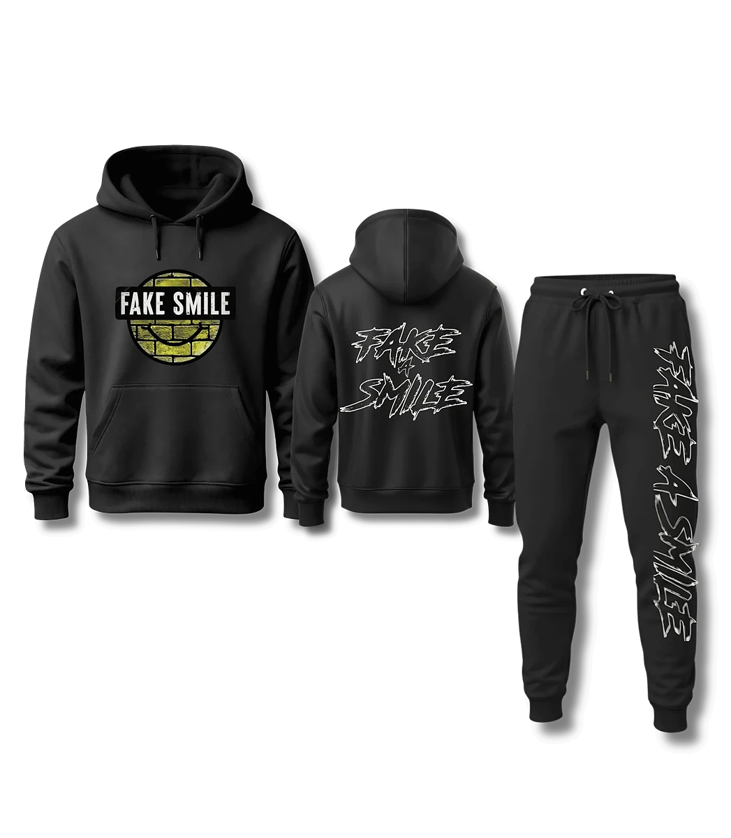 Midnight Brick Hoodie worn as a full FakeSmile outfit