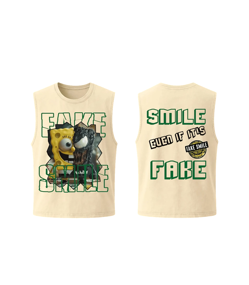 Cream Faces Tank worn as a full FakeSmile outfit