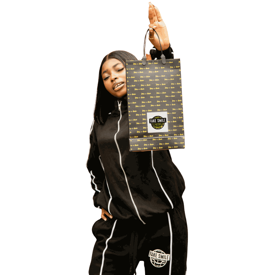 FakeSmile model holding shopping bag