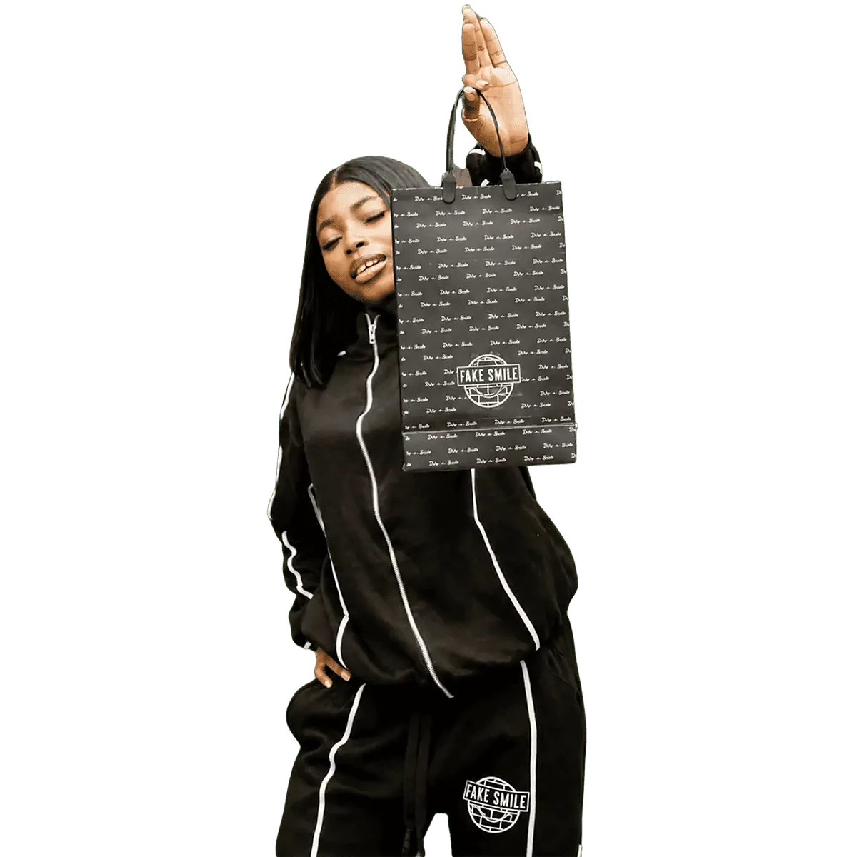 FakeSmile model holding a branded shopping bag after a studio pickup