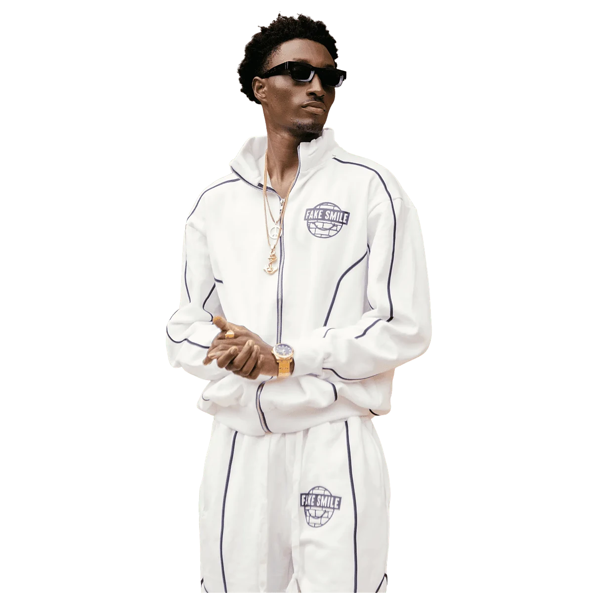 FakeSmile model in a full hoodie and joggers outfit — complete fits sold as one set